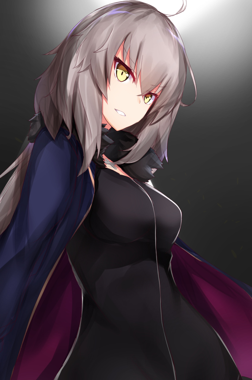 1girl absurdres ahoge bangs black_dress blue_coat breasts coat dress fate/grand_order fate_(series) full-length_zipper fur-trimmed_coat fur_trim gradient gradient_background grey_background grey_hair grin hair_between_eyes highres jeanne_d'arc_(alter)_(fate) jeanne_d'arc_(fate)_(all) jewelry large_breasts long_hair long_sleeves looking_at_viewer nanakaku necklace open_clothes open_coat smile solo wicked_dragon_witch_ver._shinjuku_1999 yellow_eyes zipper