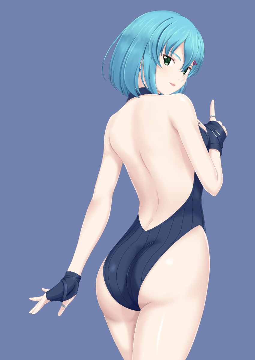 1girl absurdres ass back backless_swimsuit bangs black_gloves black_swimsuit blue_background blue_hair bob_cut commentary cowboy_shot dead_or_alive fingerless_gloves flatfield from_behind gloves green_eyes hair_ornament hairclip highres jewelry looking_at_viewer looking_back nico_(doa) one-piece_swimsuit parted_lips pointing pointing_up ring short_hair simple_background smile solo standing swimsuit