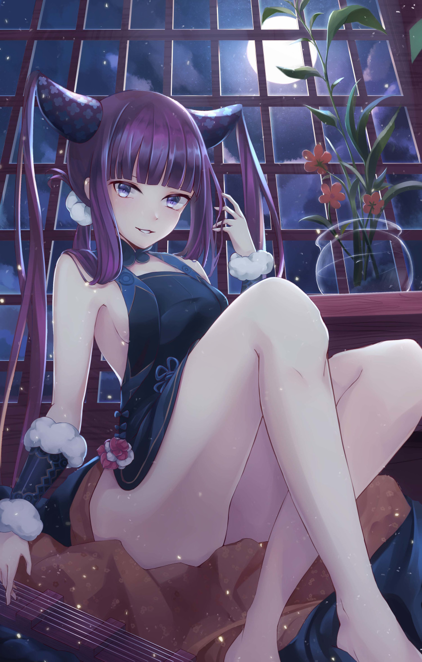 1girl absurdres ass bangs bare_shoulders black_dress blue_eyes blunt_bangs breasts commentary_request dress fate/grand_order fate_(series) flower hair_ornament highres indoors long_hair looking_at_viewer medium_breasts moon night no_panties purple_hair red_flower sitting slime_(user_jpds8754) solo twintails very_long_hair window yang_guifei_(fate/grand_order)