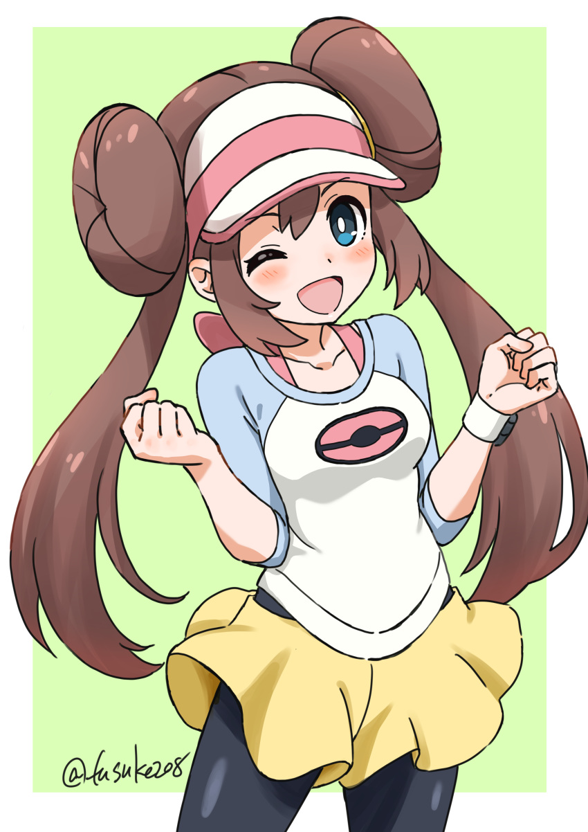 1girl absurdres black_legwear blue_eyes blush_stickers breasts brown_hair clenched_hands collarbone cowboy_shot double_bun fuusuke_(fusuke208) green_background highres legwear_under_shorts long_hair looking_at_viewer medium_breasts mei_(pokemon) miniskirt one_eye_closed open_mouth pantyhose pink_headwear poke_ball_symbol pokemon pokemon_(game) pokemon_bw2 shirt shorts simple_background skirt smile solo straight_hair twintails twitter_username visor_cap white_headwear wristband yellow_skirt