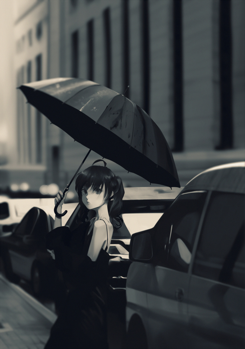 1girl ahoge bangs bare_shoulders black_clothes black_dress black_hair black_umbrella car closed_mouth collarbone dress from_side grey_hair ground_vehicle hair_between_eyes highres holding holding_umbrella lips litra_(ltr0312) looking_at_viewer monochrome motor_vehicle nail_polish original outdoors road scenery standing street twintails umbrella