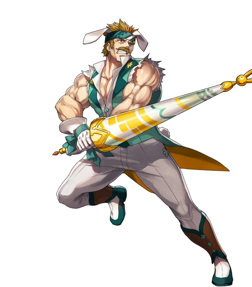 1boy alternate_costume animal_ears bartre_(fire_emblem) boots bow brown_eyes brown_hair dai-xt facial_hair fire_emblem fire_emblem:_the_binding_blade fire_emblem_heroes flower full_body gloves headband highres muscle mustache official_art rabbit_ears solo teeth transparent_background