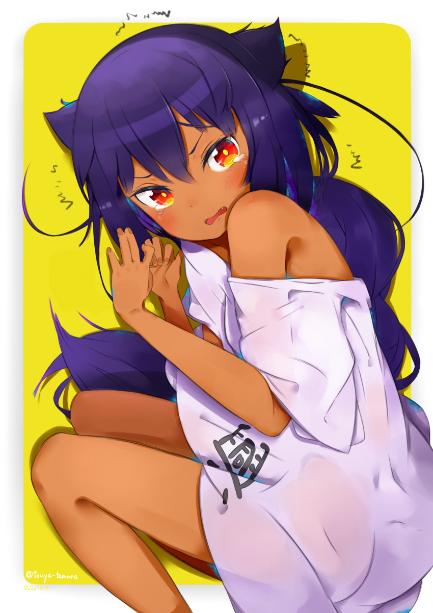 1girl absurdres black_hair braid dark_skin dated hair_between_eyes hair_flaps highres jahy jahy_sama_wa_kujikenai long_hair looking_at_viewer lying on_side open_mouth red_eyes shirt simple_background solo tearing_up thighs twitter_username very_long_hair white_shirt yellow_background yuritopia