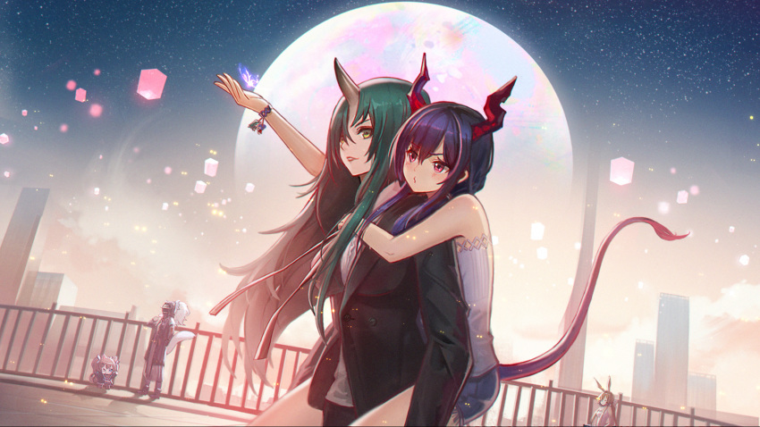 5girls amiya_(arknights) angelina_(arknights) arknights arm_up bangs bare_arms bare_shoulders black_jacket blazer blue_hair blush breasts carrying ch'en_(arknights) chinese_commentary commentary_request cowboy_shot doctor_(arknights) dragon_horns dragon_tail female_doctor_(arknights) full_moon green_hair highres horn horns hoshiguma_(arknights) jacket large_breasts long_hair long_sleeves looking_at_viewer moon multiple_girls outdoors parted_lips piggyback railing red_eyes red_lips shirt short_shorts shorts sky standing star_(sky) starry_sky tail very_long_hair white_shirt yellow_eyes yizhibao