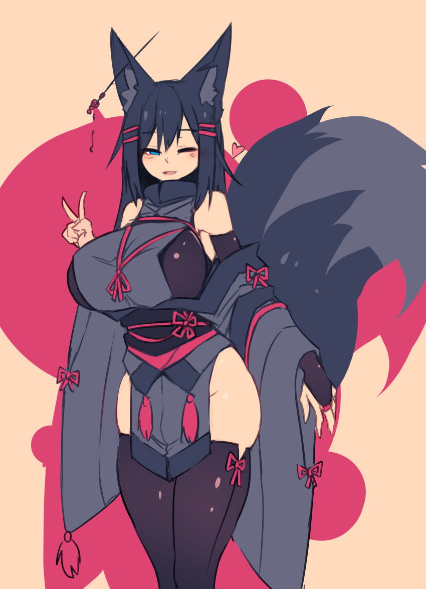1girl absurdres animal_ear_fluff animal_ears bare_shoulders black_gloves black_hair black_legwear blue_eyes blush breasts elbow_gloves fox_ears fox_tail gloves grey_kimono hair_ornament hairclip hairpin hand_up heart highres japanese_clothes kimono kiri_(sub-res) large_breasts large_tail legs_together long_hair long_sleeves looking_at_viewer no_panties obi off-shoulder_kimono one_eye_closed original pelvic_curtain red_ribbon ribbon sash skindentation smile solo standing sub-res tail tassel thigh-highs v wide_sleeves