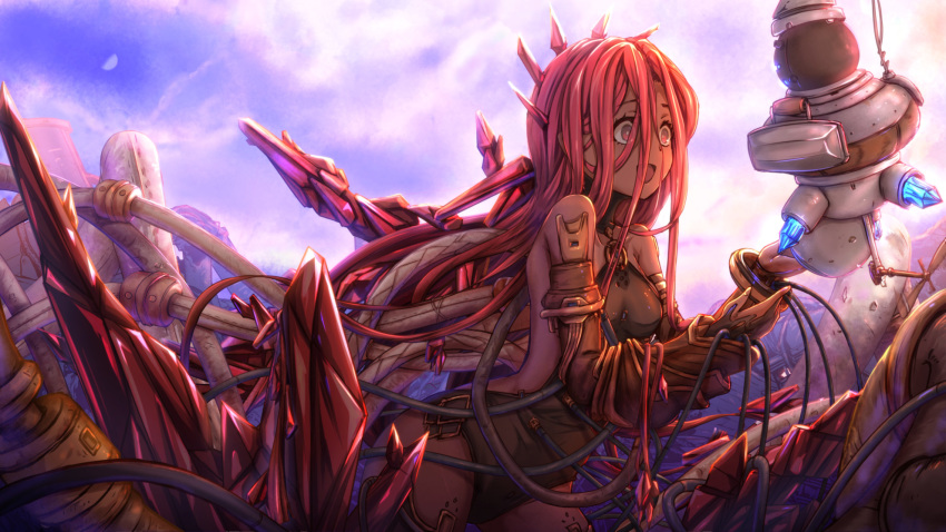 1girl bare_shoulders blue_sky cable clouds commentary_request crazy_eyes crazy_smile crystal dark_skin granblue_fantasy highres keepvalley leotard long_hair machinery open_mouth pipes red_eyes redhead robot rubble ruins sky smile solo wire yatima