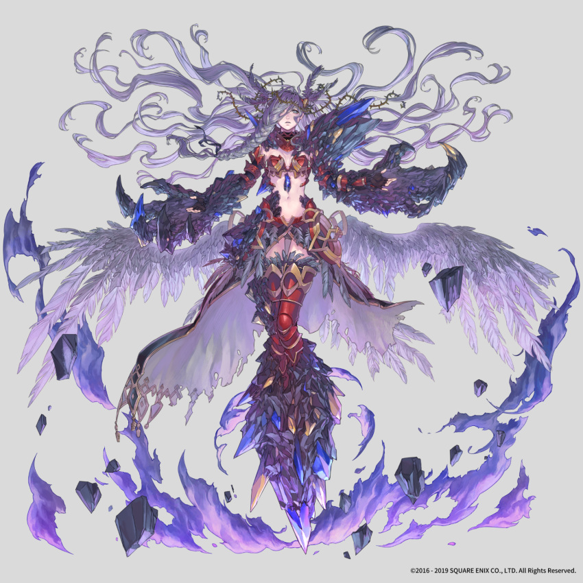 1girl armor aureolin31 bikini_armor braid crown_of_thorns feather_hair_ornament fire hair_ornament highres long_hair midriff navel official_art purple_fire red_armor silver_hair simple_background solo square_enix stone thigh-highs thorns valkyrie_anatomia wings