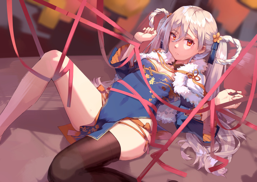 1girl absurdres blue_dress bow breasts brown_eyes china_dress chinese_clothes dress girls_frontline hair_bow hair_ornament hair_ribbon highres long_hair looking_at_viewer lying pkp_(girls_frontline) ren_huozhe ribbon silver_hair single_thighhigh sitting sitting_on_lap sitting_on_person small_breasts solo thigh-highs tight twintails