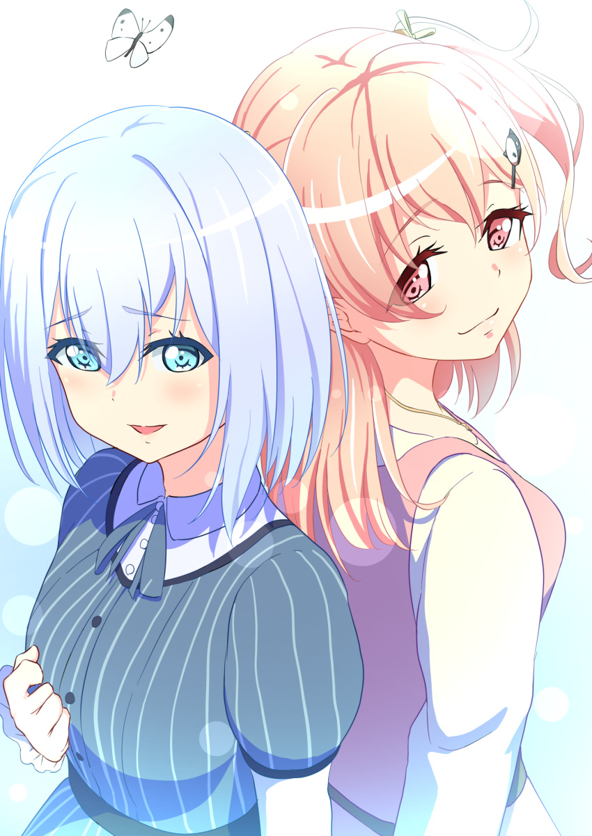 2girls :3 back-to-back bang_dream! bangs blue_background blue_dress blue_eyes blush breasts bug butterfly cat_hair_ornament collared_shirt commentary_request dress eyebrows_visible_through_hair frilled_sleeves frills furrowed_eyebrows gradient gradient_background hair_between_eyes hair_ornament hair_ribbon highres hiromachi_nanami insect jewelry kurata_mashiro large_breasts long_hair long_sleeves looking_at_viewer medium_breasts multiple_girls necklace one_side_up open_mouth orange_hair pink_eyes pink_shirt puffy_short_sleeves puffy_sleeves ribbon sakamata shirt short_hair short_sleeves sidelocks silver_hair sleeveless sleeveless_shirt smile striped upper_body vertical-striped_dress vertical_stripes white_background white_shirt