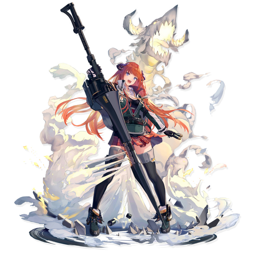 1girl :d ankle_boots arknights bagpipe_(arknights) bangs black_footwear black_gloves black_legwear boots elite_ii_(arknights) full_body gloves grey_jacket head_tilt highres holding holding_lance holding_weapon horns jacket lance long_hair long_sleeves looking_at_viewer miniskirt official_art open_mouth orange_hair plaid plaid_skirt pleated_skirt polearm red_skirt skirt smile solo standing thigh-highs transparent_background u_jie very_long_hair violet_eyes weapon zettai_ryouiki