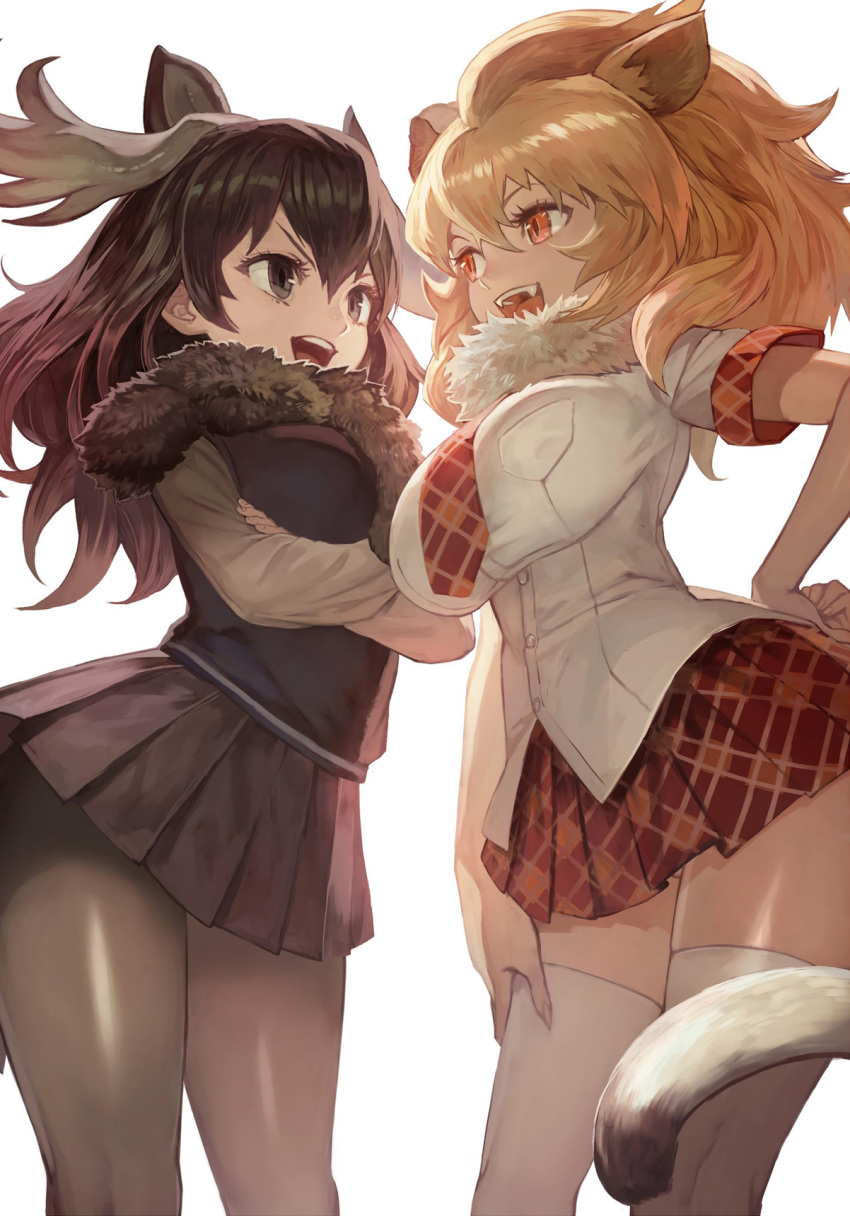 2girls :d animal_ears antlers backlighting black_eyes black_hair black_legwear blonde_hair breasts contrapposto cropped crossed_arms eye_contact fangs hair_between_eyes hand_on_hip highres impossible_clothes impossible_shirt kemono_friends lack large_breasts lion_(kemono_friends) long_hair looking_at_another moose_(kemono_friends) multiple_girls necktie open_mouth pantyhose plaid pleated_skirt shirt short_sleeves simple_background skirt smile tail thigh-highs upper_teeth white_background white_legwear