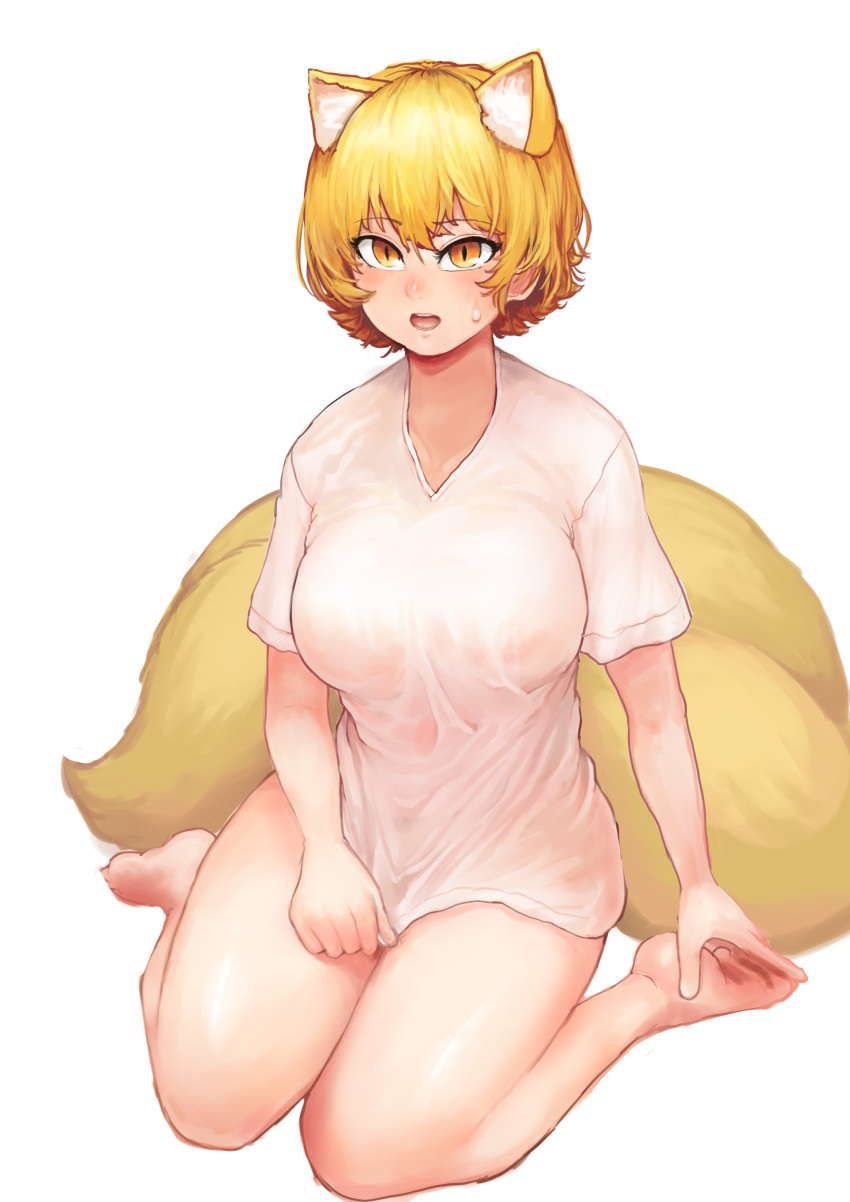 1girl absurdres alternate_costume animal_ear_fluff animal_ears blonde_hair blush breasts chanta_(ayatakaoisii) fox_ears fox_tail highres large_breasts looking_at_viewer multiple_tails open_mouth shirt_tug silver_hair sitting slit_pupils solo sweat tail touhou wariza yakumo_ran yellow_eyes