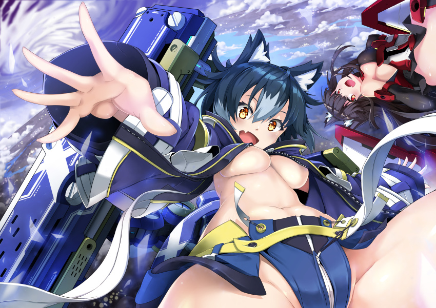 2girls :d absurdres animal_ear_fluff animal_ears armlet armored_leotard bangs black_gloves black_legwear black_leotard black_skirt blue_jacket blue_shorts breasts clouds commentary_request covered_nipples dog_ears elbow_gloves eyebrows_behind_hair fang floating from_below gloves groin hair_between_eyes highres jacket jie_laite large_breasts leotard long_hair long_sleeves looking_at_viewer machinery mecha_musume micro_shorts midriff multicolored_hair multiple_girls navel open_clothes open_jacket open_mouth original rigging short_hair shorts side_slit sideboob sidelocks skin_fang skirt sky sleeves_past_wrists smile thigh-highs two-tone_hair upper_body yellow_eyes zipper