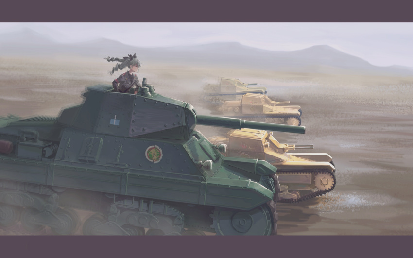 1girl anchovy_(girls_und_panzer) anzio_(emblem) anzio_military_uniform bangs belt black_neckwear black_ribbon black_shirt blurry blurry_background carro_armato_p40 carro_veloce_cv-33 closed_mouth commentary day depth_of_field dress_shirt drill_hair driving emblem girls_und_panzer green_hair grey_jacket grey_sky ground_vehicle hair_ribbon highres jacket letterboxed long_hair long_sleeves looking_to_the_side military military_uniform military_vehicle motion_blur motor_vehicle mountain necktie outdoors ribbon sam_browne_belt shirt solo tank twin_drills twintails uniform useless wind wing_collar