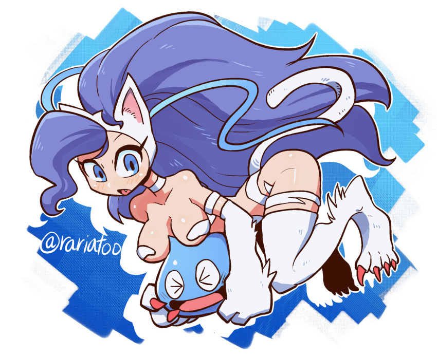 &gt;_&lt; 1girl animal_ears bikini blue_background blue_eyes cat_ears cat_tail claws crossover dragon_quest floating holding long_hair parted_lips purple_hair rariatto_(ganguri) red_nails revealing_clothes sharp_toenails slime_(dragon_quest) solo swimsuit tail toenails twitter_username vampire_(game) very_long_hair white_bikini