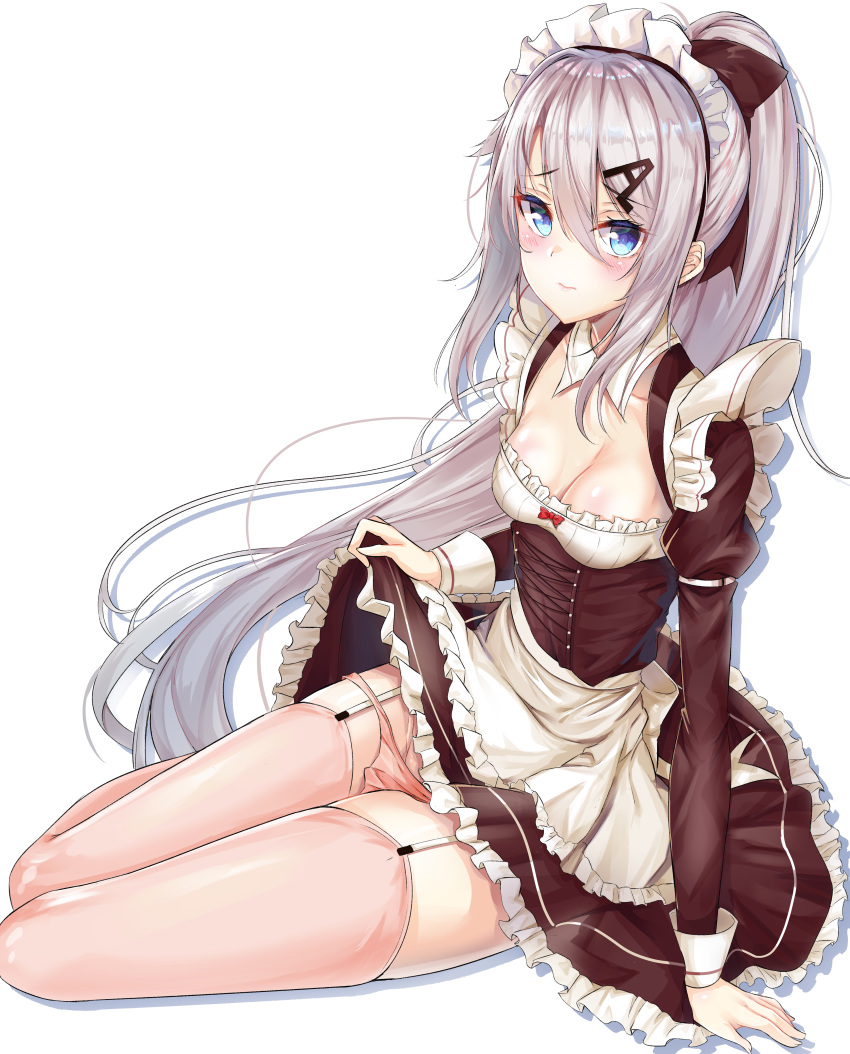 1girl 9a-91_(girls_frontline) absurdres alternate_costume apron ass backless_outfit bangs black_dress blue_eyes blush bow dress from_side full_body garter_belt girls_frontline hair_between_eyes hair_ornament hair_ribbon highres letter_hair_ornament long_hair long_sleeves looking_at_viewer maid maid_dress maid_headdress no_shoes open_mouth panties pink_panties ponytail ribbon shoulder_blades silver_hair sitting so_myeolchi thigh-highs underwear wariza white_background white_legwear