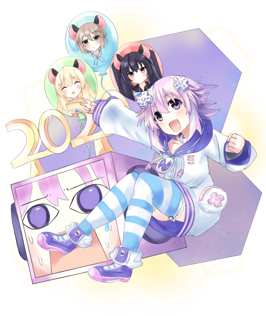 2020 5girls absurdres animal_ears balloon bangs bimmy black_hair blanc blonde_hair blue_eyes blush brown_hair clenched_hand collar collarbone commentary d-pad d-pad_hair_ornament english_commentary hair_ornament highres hood hoodie long_hair long_sleeves mouse_ears multiple_girls nepgyaa neptune_(neptune_series) neptune_(series) noire open_mouth outstretched_arm purple_hair red_eyes short_hair sidelocks striped striped_legwear sweatdrop thigh-highs v vert violet_eyes white_background white_hoodie