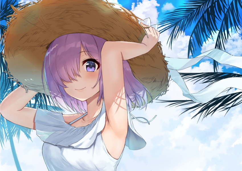 1girl armpits arms_up blue_sky blush breasts closed_mouth dress fate/grand_order fate_(series) hair_over_one_eye hat hat_ribbon highres jjeono large_breasts lavender_hair looking_at_viewer mash_kyrielight palm_tree purple_hair ribbon sky smile solo straw_hat tree violet_eyes white_dress white_ribbon