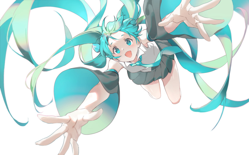 1girl :d backlighting bare_legs bare_shoulders black_skirt blue_eyes blue_hair blue_neckwear blush collared_shirt detached_sleeves dot_nose falling flat_chest floating_hair from_below full_body happy hatsune_miku highres long_hair looking_down necktie open_mouth outstretched_arms pale_skin perspective pg_(lhotseshar) pleated_skirt shaded_face shiny shiny_skin shirt simple_background skirt sleeveless sleeveless_shirt smile solo very_long_hair vocaloid white_background white_shirt wide-eyed