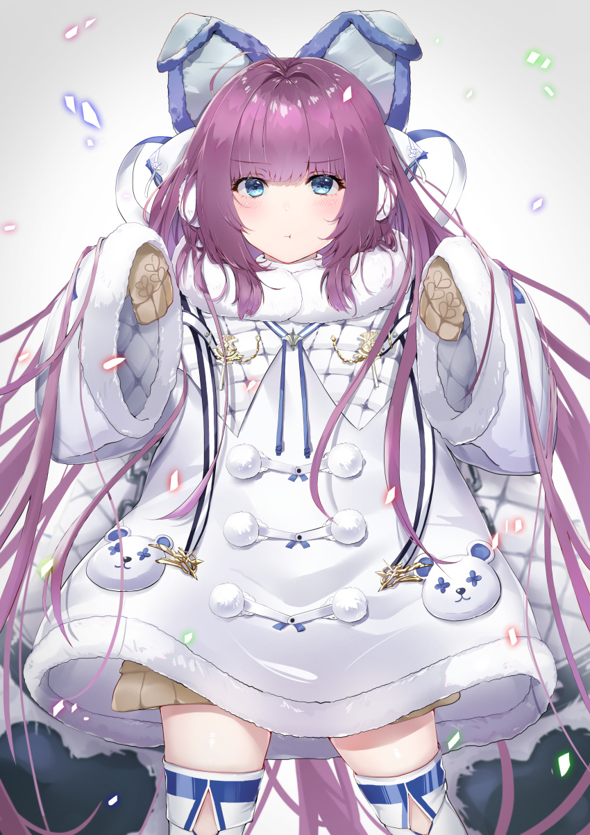 1girl :t absurdres animal_ears ao_ao_konno azur_lane blue_eyes blush coat eyebrows_visible_through_hair fake_animal_ears fur_trim hair_ornament hair_ribbon highres long_hair long_sleeves looking_at_viewer open_mouth ponytail pout purple_hair ribbon sleeves_past_wrists solo sweater tashkent_(azur_lane) thigh-highs very_long_hair white_coat white_legwear