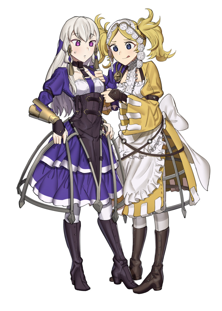 absurdres boots dress dressing_another ebinku fire_emblem fire_emblem:_three_houses fire_emblem_awakening full_body highres layered_skirt lissa_(fire_emblem) lysithea_von_ordelia matching_outfit older petticoat vambraces white_background