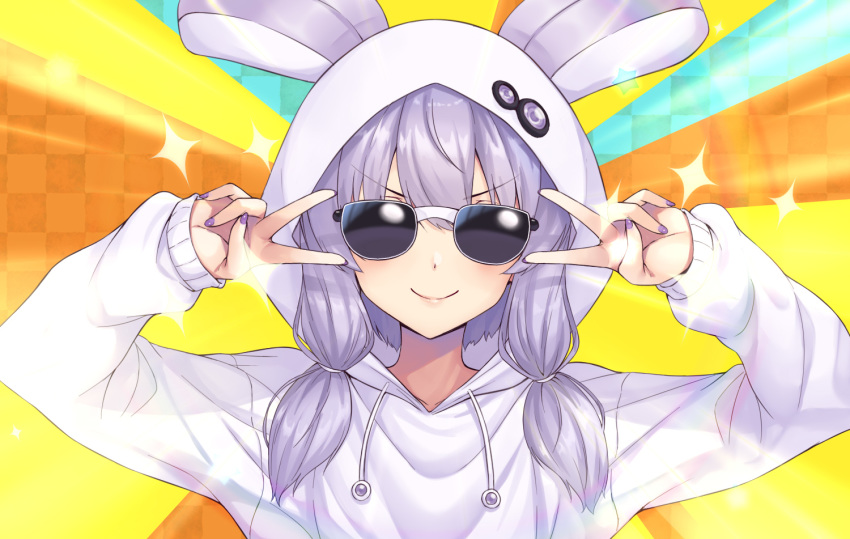 &gt;:) 1girl animal_ears animal_hood bangs blush bunny_hood closed_mouth commentary_request double_v emotional_engine_-_full_drive eyebrows_visible_through_hair facing_viewer fake_animal_ears hair_between_eyes hands_up hood hood_up hoodie long_hair long_sleeves low_twintails nail_polish purple_hair purple_nails rabbit_ears sleeves_past_wrists smile solo sparkle sunglasses tenneko_yuuri twintails v v-shaped_eyebrows v_over_eye voiceroid white_hoodie yuzuki_yukari