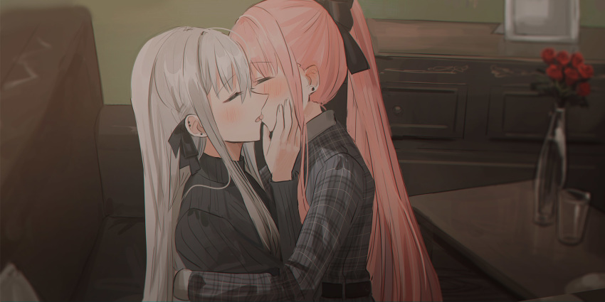 2girls bangs black_bow black_ribbon black_sweater blush bow chihuri closed_eyes couch cup dress drinking_glass ear_piercing earrings eyebrows_visible_through_hair flower french_kiss grey_dress grey_hair hair_between_eyes hair_bow hair_ribbon hand_on_another's_face highres hug indoors jewelry kiss long_hair long_sleeves multiple_girls on_couch original piercing pink_hair plaid plaid_dress profile red_flower red_rose ribbed_sweater ribbon rose sitting stud_earrings sweater table vase very_long_hair yana_(chihuri) yuri zoya_petrovna_vecheslova