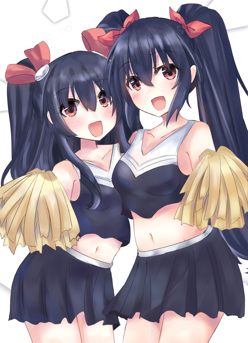 2girls absurdres alternate_costume bangs bimmy black_hair black_shirt black_skirt blush bow breasts cheerleader collarbone commentary crop_top english_commentary eyebrows_visible_through_hair hair_between_eyes hair_bow highres long_hair looking_at_viewer medium_breasts multiple_girls navel neptune_(series) noire open_mouth pom_poms red_eyes shirt sidelocks skirt small_breasts twintails uni_(neptune_series) white_background
