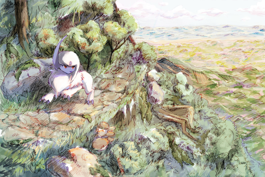 absol animal_focus blue_sky claws clouds commentary_request day full_body fur_collar grass highres lea_(mx5mmm) leg_up looking_to_the_side moss mountain mushroom no_humans outdoors path pokemon pokemon_(creature) red_eyes road rock scenery short_hair sidelocks sky solo standing tree white_hair