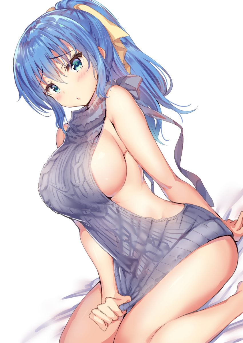 1girl backless_outfit bare_arms bare_shoulders blue_eyes blue_hair breasts dutch_angle frown hair_ribbon highres large_breasts long_hair looking_at_viewer meme_attire no_bra original parted_lips ponytail ribbon sanshoku_amido sideboob simple_background sitting solo thighs virgin_killer_sweater white_background