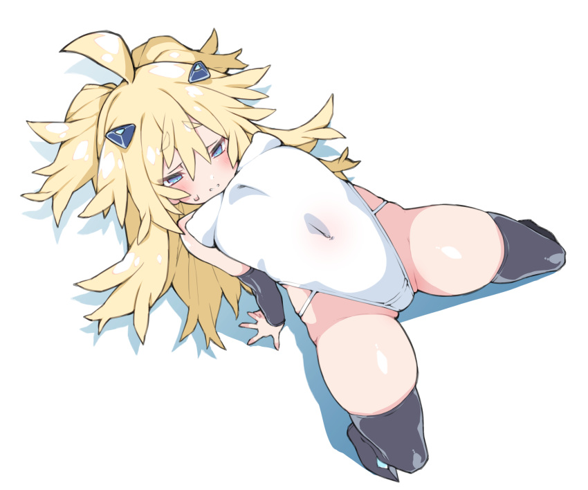 1girl ahoge black_footwear black_legwear blonde_hair blue_eyes blush covered_navel covered_nipples detached_sleeves eyebrows_visible_through_hair highres kz_oji leotard long_hair original parted_lips simple_background solo sweat thigh-highs white_background white_leotard