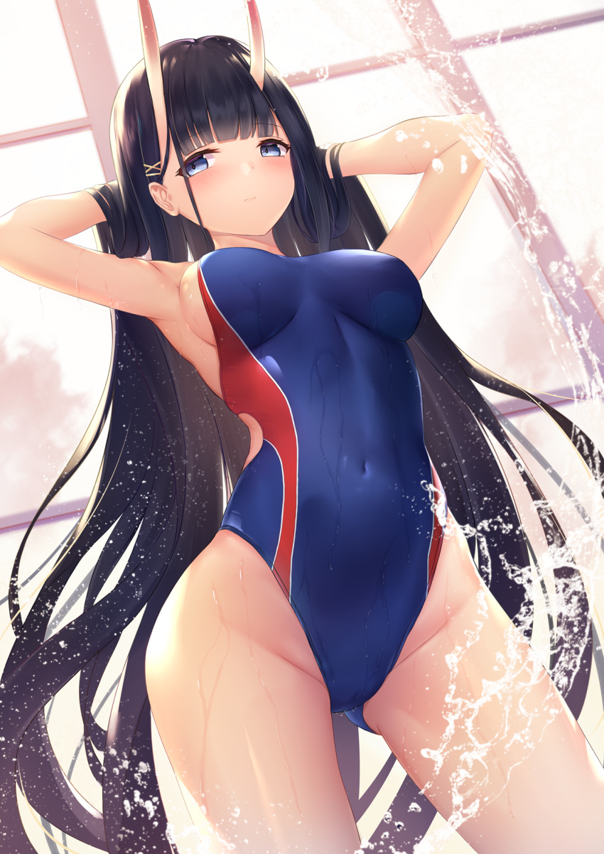 1girl armpits arms_behind_head arms_up ass_visible_through_thighs azur_lane bangs bare_hips black_hair blue_eyes blue_swimsuit blunt_bangs blush breasts closed_mouth competition_swimsuit covered_navel eyebrows_visible_through_hair filings_(ailuo_c) groin hair_ornament hairclip highleg highleg_swimsuit highres indoors medium_breasts noshiro_(azur_lane) one-piece_swimsuit oni_horns skin_tight solo swimsuit thighs water window x_hair_ornament