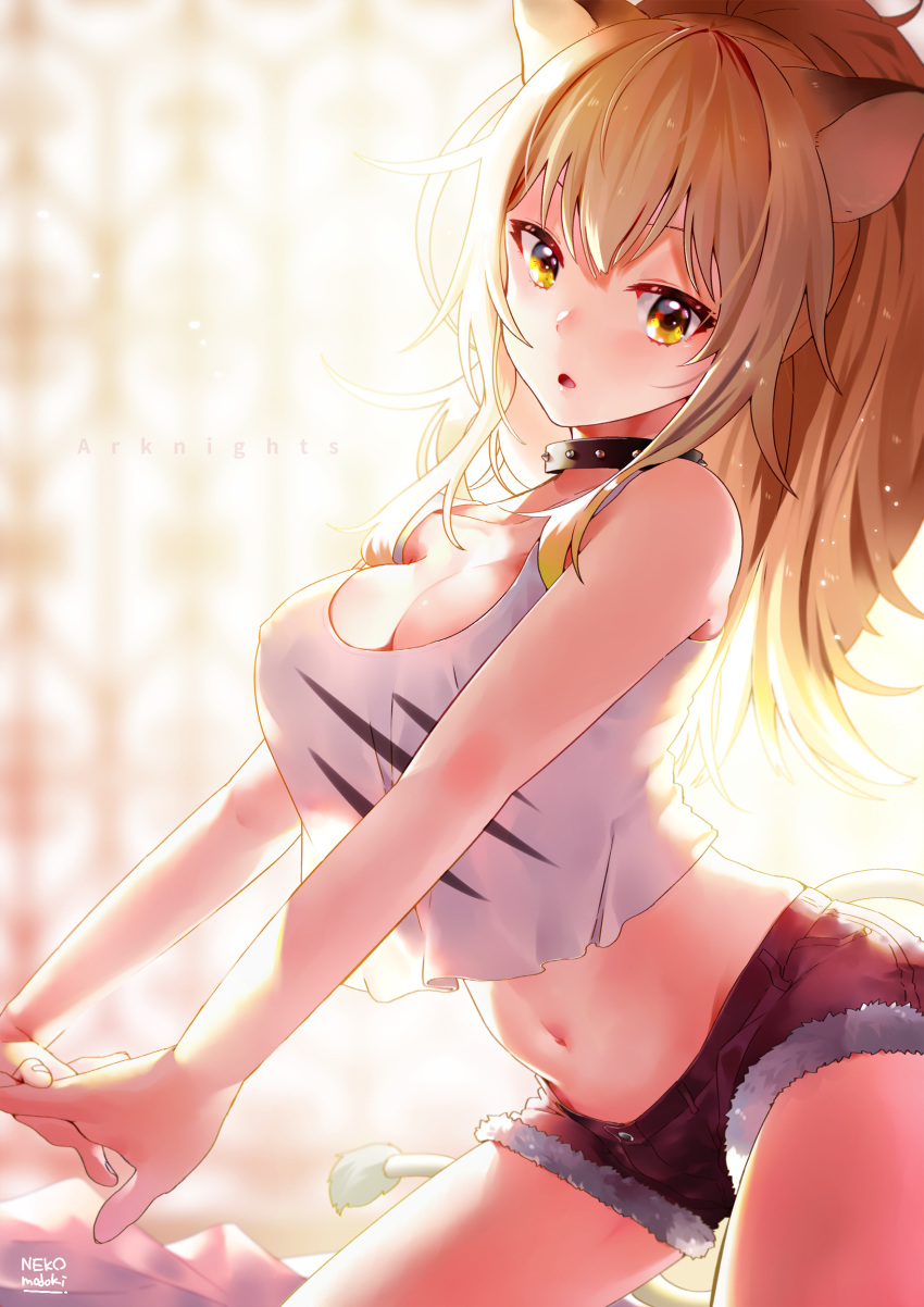1girl absurdres animal_ears arknights bangs blonde_hair breasts brown_eyes collar cowboy_shot cutoffs fur-trimmed_shorts fur_collar highres large_breasts lili_mdoki lion_ears lion_tail long_hair looking_at_viewer midriff navel ponytail red_shorts shirt short_shorts shorts siege_(arknights) signature solo stretch studded_collar tail white_tank_top