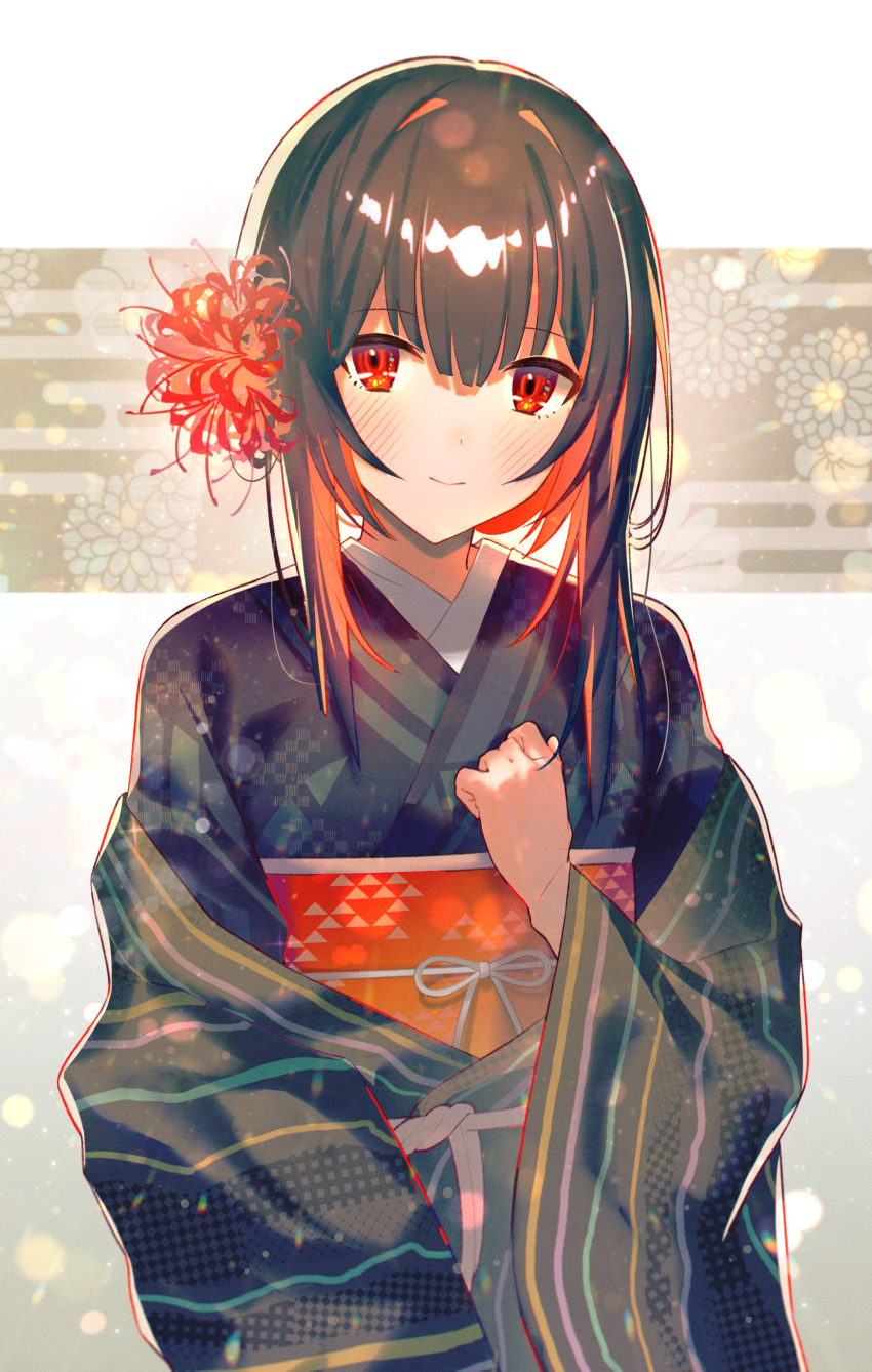 1girl absurdres black_hair black_kimono blurry blush bokeh closed_mouth depth_of_field egasumi flat_chest hair_between_eyes hair_ornament hand_on_own_chest highres idolmaster idolmaster_shiny_colors japanese_clothes kanzashi kimono light_smile long_sleeves looking_at_viewer medium_hair morino_rinze multicolored_hair obi red_eyes redhead sash sidelocks sleeves_past_fingers sleeves_past_wrists solo two-tone_hair upper_body wide_sleeves yomizu