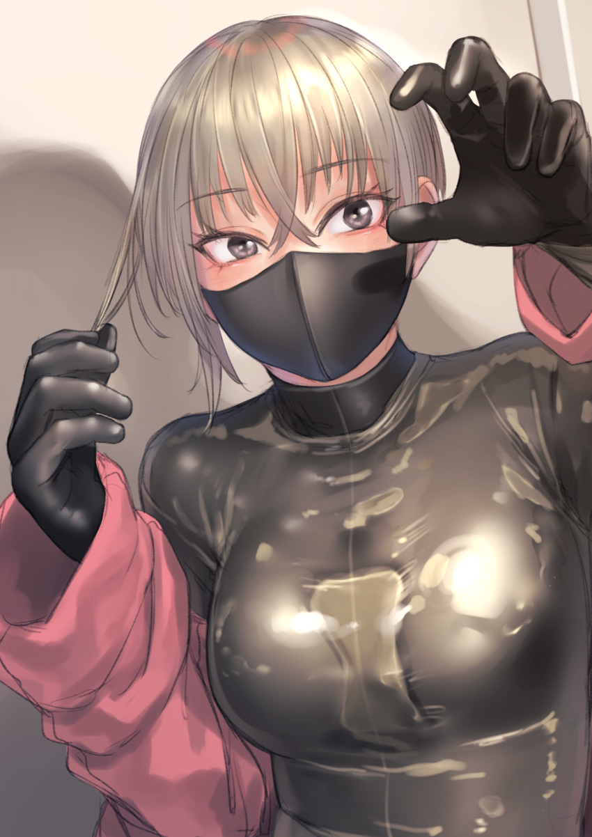 1girl bodysuit eyebrows_visible_through_hair grey_eyes hair_between_eyes highres kilye_4421 latex latex_bodysuit long_hair looking_to_the_side mask ninja_mask original skin_tight solo