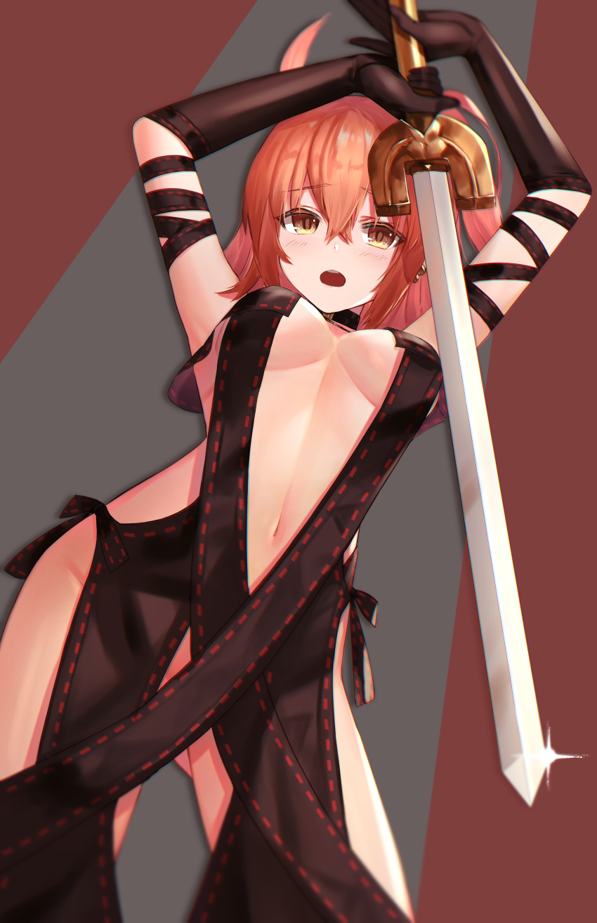 1girl absurdres ahoge bangs black_dress blush breasts consort_yu_(fate) consort_yu_(fate)_(cosplay) cosplay dolce_(dolsuke) dress fate/grand_order fate_(series) fujimaru_ritsuka_(female) highres looking_at_viewer navel one_side_up orange_eyes orange_hair pinstripe_pattern revealing_clothes ribbon-trimmed_dress short_hair solo strapless strapless_dress striped sword thighs under_boob weapon
