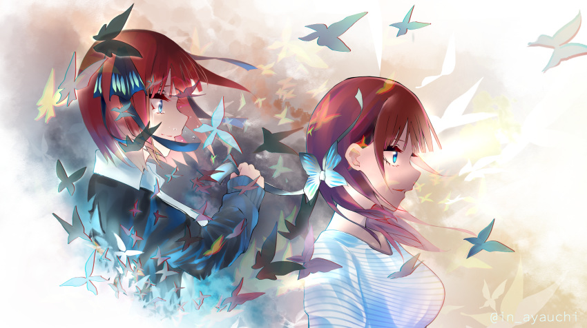 1girl age_progression bangs black_cardigan black_ribbon blue_eyes blunt_bangs breasts bug butterfly butterfly_hair_ornament cardigan collarbone collared_shirt crying eyebrows_behind_hair go-toubun_no_hanayome grabbing grin hair_ornament hair_ribbon hand_up highres in_ayauchi insect large_breasts long_sleeves looking_at_viewer medium_hair multicolored multicolored_nails nakano_nino official_art older open_cardigan open_clothes partially_unbuttoned pink_hair ribbon shirt sidelocks simple_background sleeves_past_wrists smile solo striped striped_shirt twitter_username two_side_up upper_body wallpaper white_background white_shirt