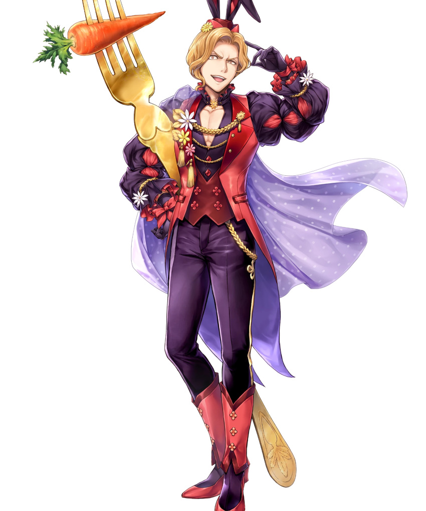 1boy alternate_costume animal_ears blonde_hair boots bow cape carrot fire_emblem fire_emblem:_the_binding_blade fire_emblem_heroes flower fork full_body gloves hat highres leaf narcian_(fire_emblem) official_art open_mouth rabbit_ears solo teeth transparent_background yamada_koutarou yellow_eyes