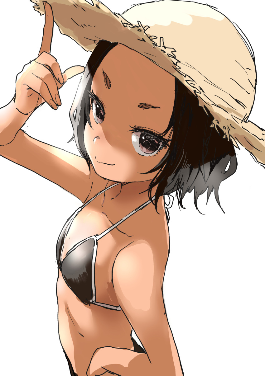 1girl absurdres bikini bikini_top black_bikini black_hair black_swimsuit collarbone commentary_request flat_chest hand_gesture hand_on_hip hat highres knot looking_at_viewer original shade short_hair simple_background straw_hat swimsuit violet_eyes wavy_hair white_background yamamoto_souichirou