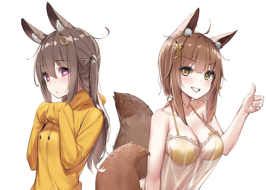 2girls :d ahoge animal_ear_fluff animal_ears bangs bikini bikini_under_clothes blush brown_hair closed_mouth collarbone commentary_request drawstring eyebrows_visible_through_hair frills grin hair_ornament hairclip hands_on_own_chest heart heart-shaped_pupils highres long_hair long_sleeves looking_at_viewer multiple_girls open_mouth original see-through sidelocks simple_background sleeves_past_fingers sleeves_past_wrists smile swimsuit symbol-shaped_pupils tail teeth thumbs_up two_side_up upper_body v-shaped_eyebrows violet_eyes wet.elephant white_background yellow_bikini yellow_eyes yellow_hoodie