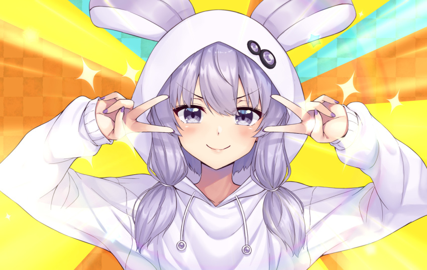 &gt;:) 1girl animal_ears animal_hood bangs blush bunny_hood closed_mouth double_v emotional_engine_-_full_drive eyebrows_visible_through_hair fake_animal_ears hair_between_eyes hands_up hood hood_up hoodie long_hair long_sleeves looking_at_viewer low_twintails nail_polish purple_hair purple_nails rabbit_ears sleeves_past_wrists smile solo sparkle tenneko_yuuri twintails v v-shaped_eyebrows v_over_eye violet_eyes voiceroid white_hoodie yuzuki_yukari