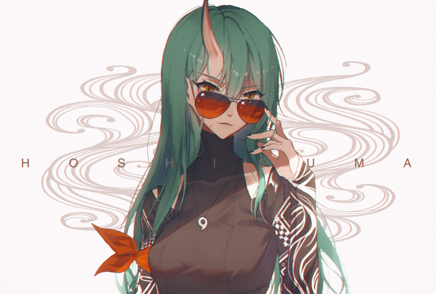 1girl adjusting_eyewear arknights arm_ribbon bangs black_nails black_shirt breasts brown_eyes character_name collarbone commentary eyebrows_visible_through_hair green_hair grey_background hair_between_eyes hand_up highres horns hoshiguma_(arknights) jewelry long_hair long_sleeves looking_at_viewer magatama magatama_necklace medium_breasts nail_polish necklace orange_ribbon osagelts1213 ribbon shirt smile solo sunglasses symbol_commentary upper_body