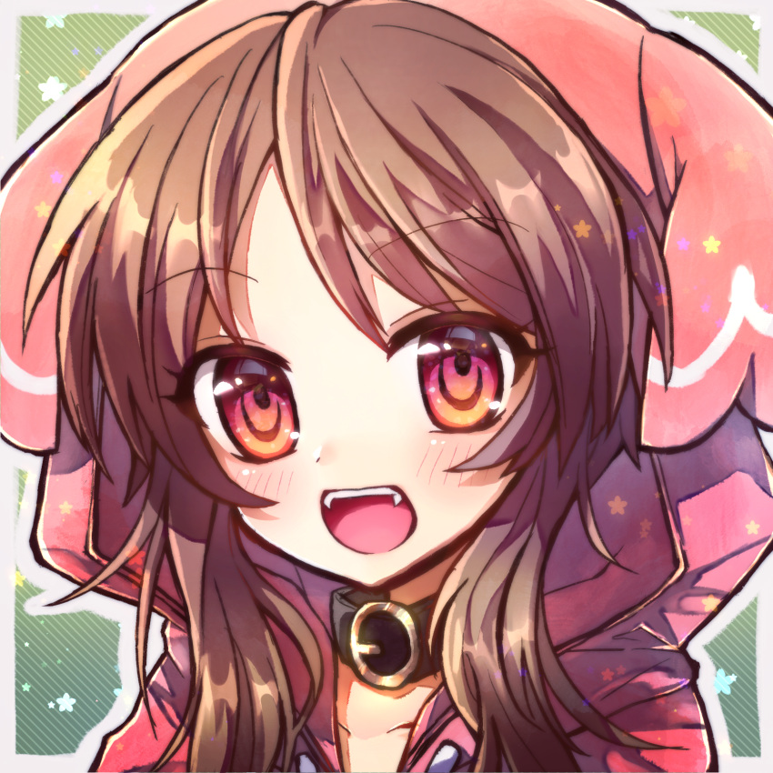 1girl :d animal_hood bangs black_collar blush brown_hair buckle collar commentary_request fangs green_background highres hood hood_up hoodie looking_at_viewer ooka_miko open_mouth partial_commentary pink_eyes pink_hoodie smile solo spispiccc upper_body utau