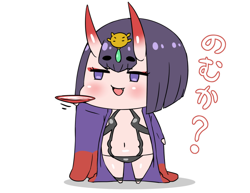 1girl bob_cut chibi cup eyeshadow fang fate/grand_order fate_(series) full_body highres japanese_clothes kimono makeup navel oni_horns open_clothes open_kimono open_mouth purple_hair rei_(rei_rr) sakazuki shuten_douji_(fate/grand_order) skin-covered_horns smile solo translated violet_eyes