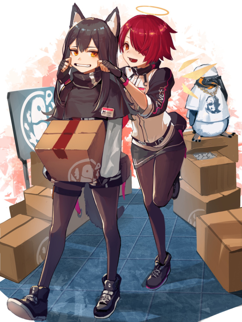 2girls :d animal animal_ears arknights bird black_capelet black_footwear black_hair black_legwear black_shorts black_skirt box brown_eyes capelet cardboard_box cheek_pull clenched_teeth commentary exusiai_(arknights) full_body hair_over_one_eye halo high_collar highres holding holding_box id_card jacket long_hair long_sleeves looking_at_another looking_at_viewer microskirt multiple_girls nima_(niru54) open_mouth penguin pouch raglan_sleeves red_eyes redhead shadow shirt shoes short_hair short_shorts short_sleeves shorts skirt smile sneakers standing standing_on_one_leg t-shirt teeth texas_(arknights) the_emperor_(arknights) thigh_strap white_jacket white_shirt wolf_ears