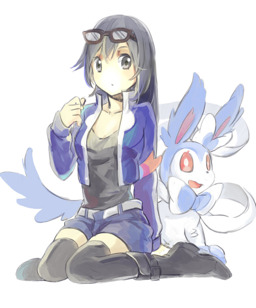 1girl alternate_color bangs belt black_eyes black_footwear black_hair black_legwear blue_shorts boots breasts calme_(pokemon) collarbone creature denim denim_shorts full_body gen_6_pokemon genderswap genderswap_(mtf) highres knees_together_feet_apart long_hair looking_at_viewer medium_breasts pokemon pokemon_(creature) pokemon_(game) pokemon_xy shiny_pokemon short_shorts shorts sunglasses sylveon thigh-highs