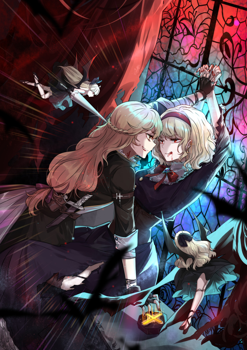 2girls absurdres aili_(aliceandoz) alice_margatroid alternate_eye_color arm_belt arms_up bat_wings black_gloves black_legwear black_nails black_shirt black_skirt black_wings blonde_hair blood bow bowtie brooch cross curtains dagger doll doll_joints ear_piercing earrings eye_contact fingerless_gloves fingernails glint gloves hair_ribbon highres indoors jewelry kirisame_marisa lance licking_lips long_hair looking_at_another medium_hair mini-hakkero multiple_girls nail_polish piercing polearm purple_ribbon red_eyes red_nails red_neckwear ribbon shanghai_doll shirt sitting skirt smile speed_lines stained_glass sweat thigh-highs tongue tongue_out torn_clothes torn_skirt touhou vampire weapon window wings yellow_eyes