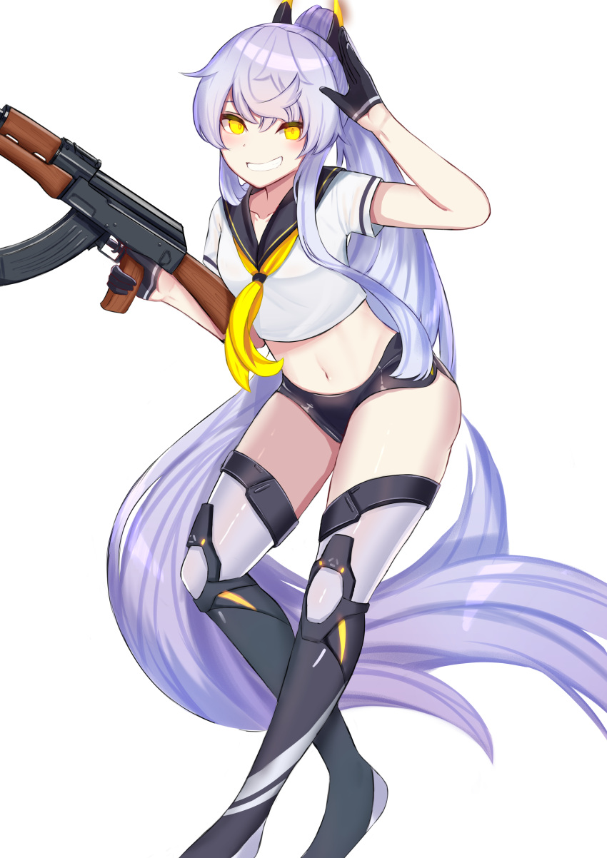 1girl absurdres ak-47 assault_rifle azur_lane black_gloves blush breasts commentary_request eyebrows_visible_through_hair gloves gun hair_between_eyes highres kanta_(kanta_077) long_hair looking_at_viewer navel neckerchief ponytail rifle school_uniform short_shorts shorts silver_hair siren_(azur_lane) siren_purifier_(azur_lane) smile solo very_long_hair weapon yellow_eyes yellow_neckwear