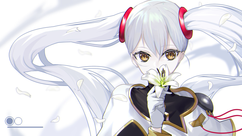 1girl bangs black_shirt blurry blurry_background brown_eyes covered_mouth depth_of_field eyebrows_visible_through_hair floating_hair flower gloves hair_between_eyes hair_ornament hand_up holding holding_flower hoshino_ruri kidou_senkan_nadesico long_hair long_sleeves looking_at_viewer petals shirt solo twintails upper_body white_flower white_gloves white_hair xiujia_yihuizi