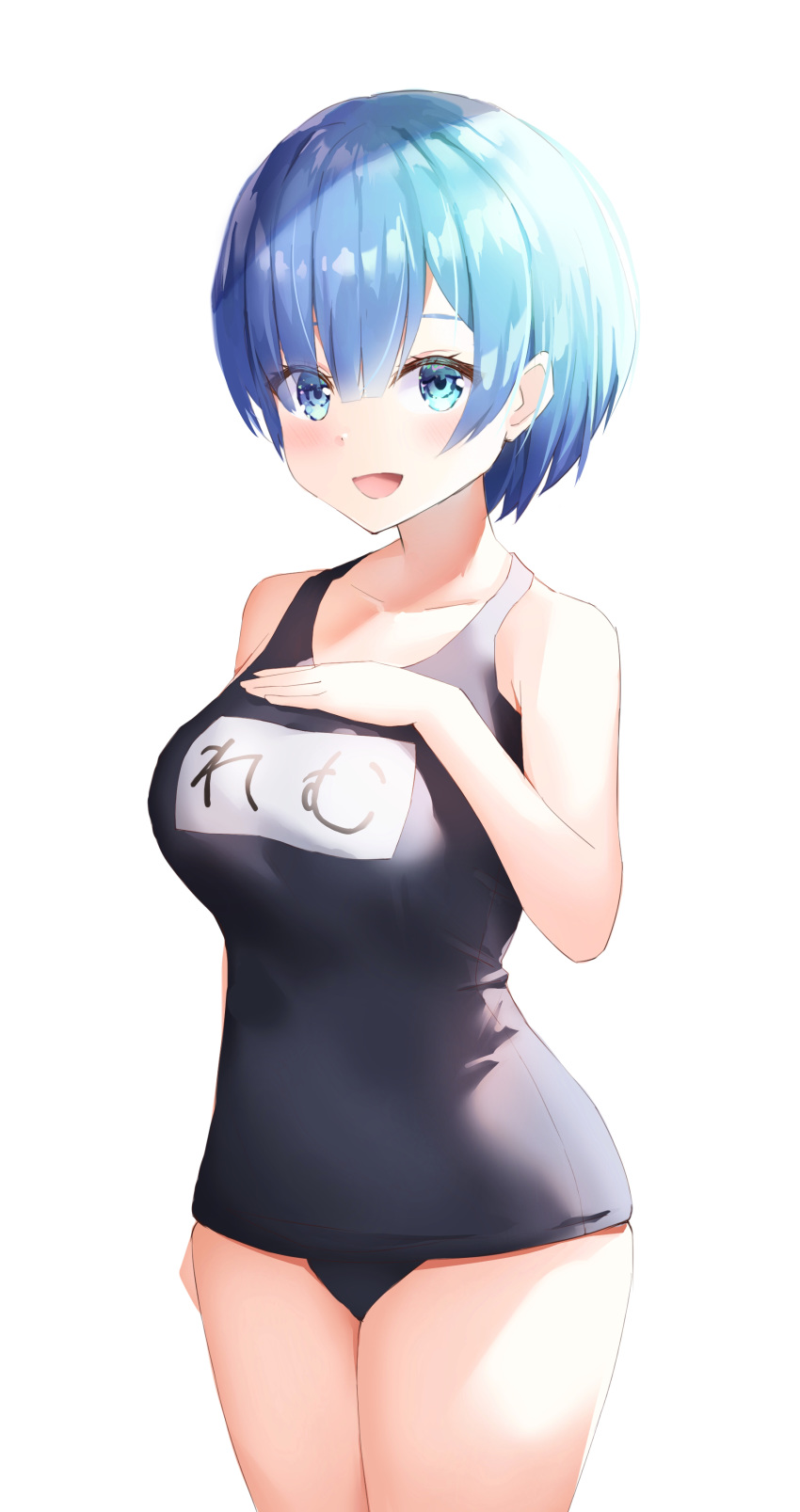 1girl absurdres alternate_costume arm_behind_back bangs bare_arms bare_shoulders black_swimsuit blue_eyes blue_hair blush breasts collarbone competition_school_swimsuit cowboy_shot eyebrows_visible_through_hair hand_on_own_chest highres hiyoko_(kokeko) large_breasts name_tag re:zero_kara_hajimeru_isekai_seikatsu rem_(re:zero) short_hair simple_background solo swimsuit thighs white_background